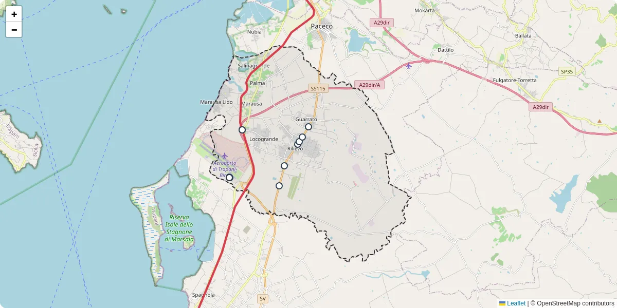 Mappa dettagliata del trasporto pubblico a Misiliscemi con linee autobus, tram e collegamenti
