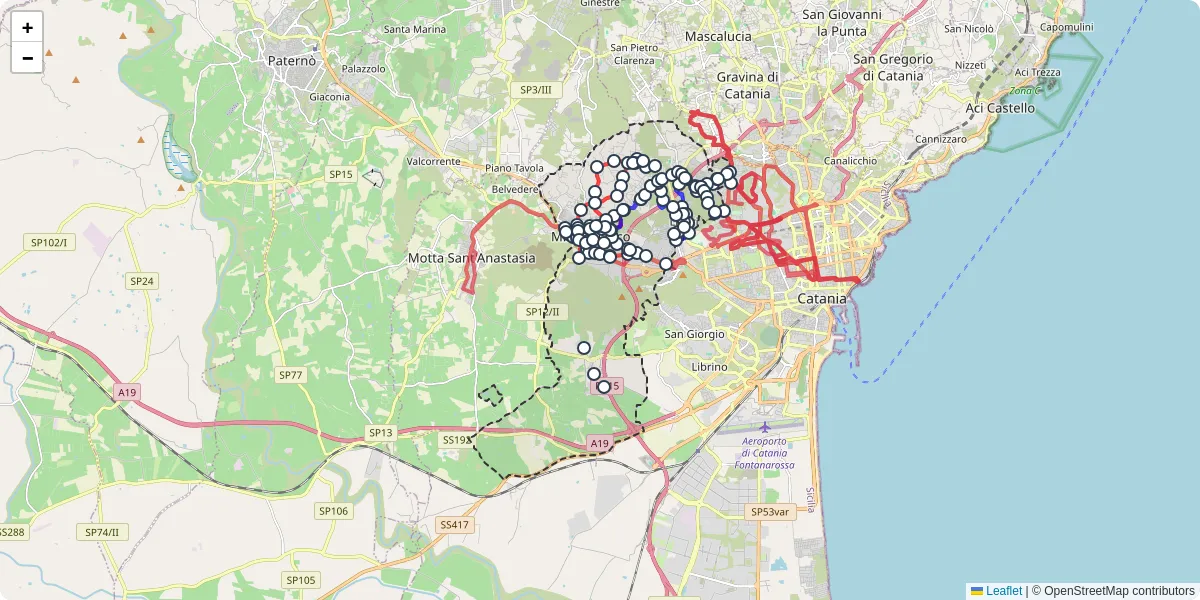 Mappa dettagliata del trasporto pubblico a Misterbianco con linee autobus, tram e collegamenti