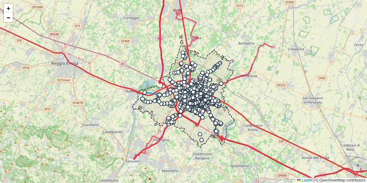 Mappa dettagliata del trasporto pubblico a Modena con linee autobus, tram e collegamenti
