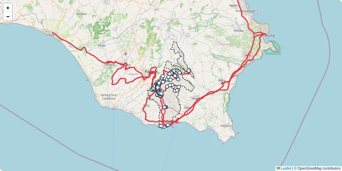 Mappa dettagliata del trasporto pubblico a Modica con linee autobus, tram e collegamenti