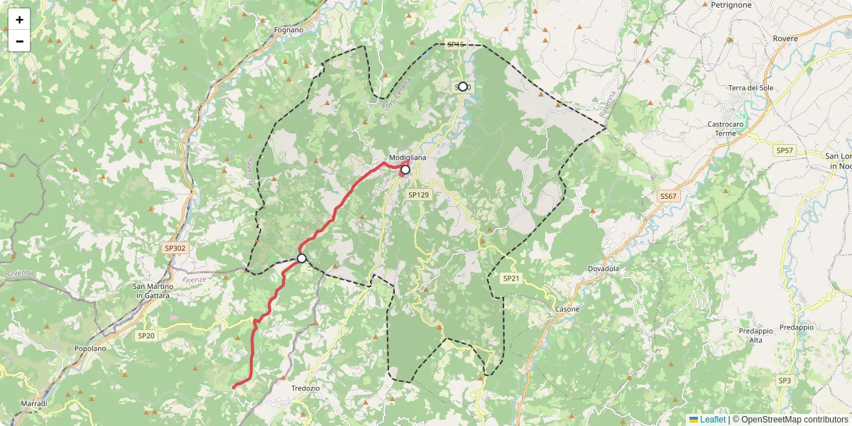 Mappa dettagliata del trasporto pubblico a Modigliana con linee autobus, tram e collegamenti