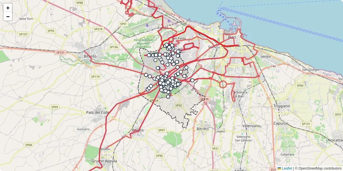 Mappa dettagliata del trasporto pubblico a Modugno con linee autobus, tram e collegamenti