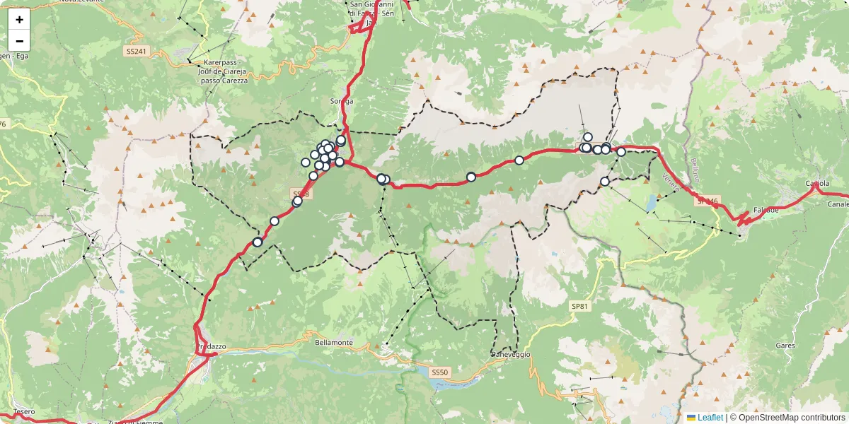 Mappa dettagliata del trasporto pubblico a Moena con linee autobus, tram e collegamenti