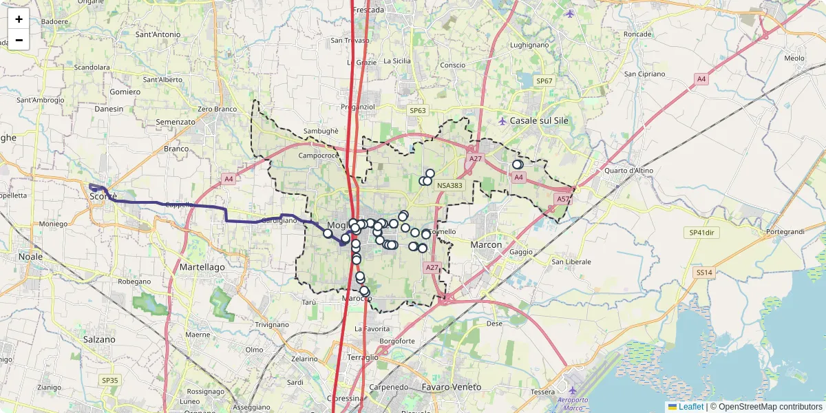 Mappa dettagliata del trasporto pubblico a Mogliano Veneto con linee autobus, tram e collegamenti