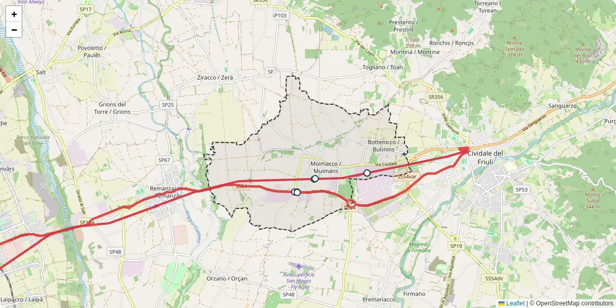 Mappa dettagliata del trasporto pubblico a Moimacco / Muimans con linee autobus, tram e collegamenti