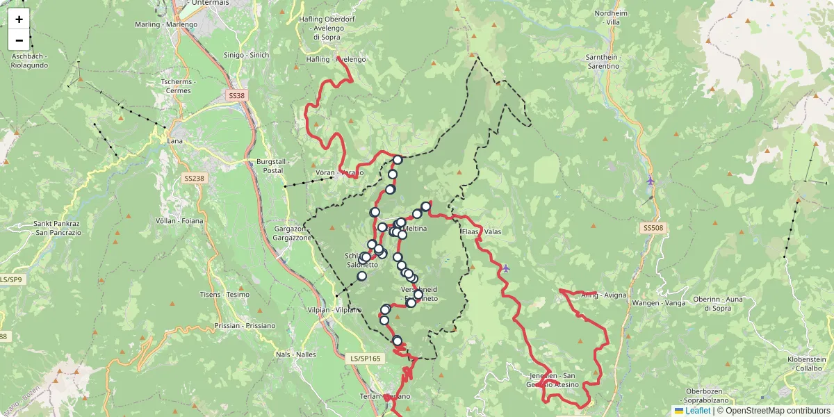 Mappa dettagliata del trasporto pubblico a Mölten - Meltina con linee autobus, tram e collegamenti