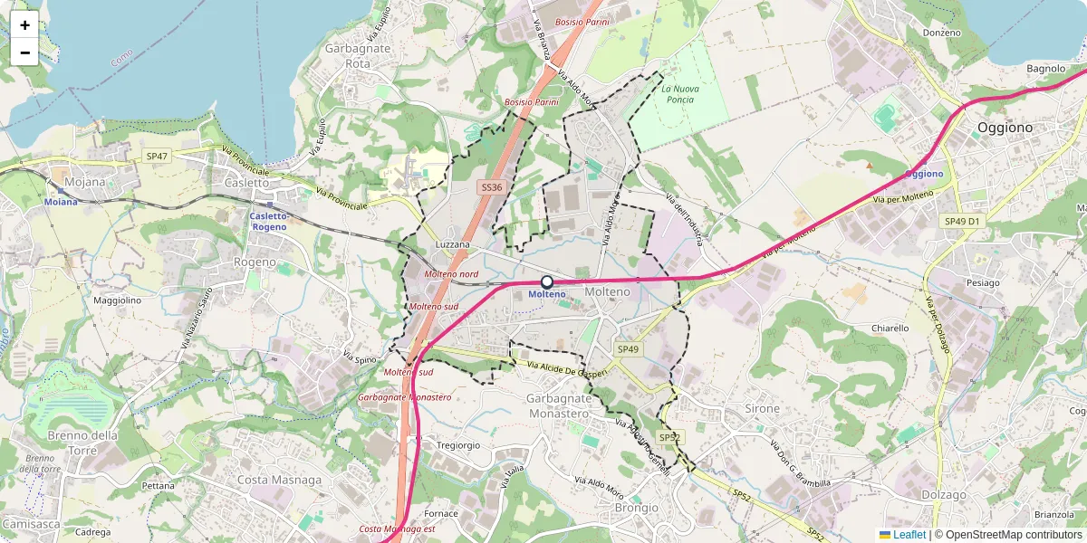 Mappa dettagliata del trasporto pubblico a Molteno con linee autobus, tram e collegamenti