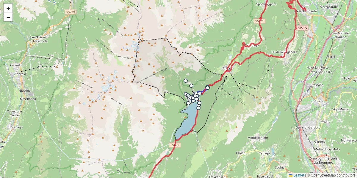 Mappa dettagliata del trasporto pubblico a Molveno con linee autobus, tram e collegamenti
