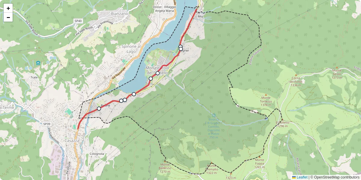 Mappa dettagliata del trasporto pubblico a Monasterolo del Castello con linee autobus, tram e collegamenti