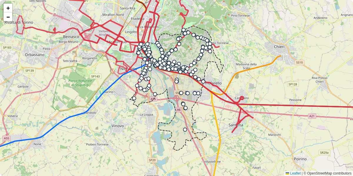 Mappa dettagliata del trasporto pubblico a Moncalieri con linee autobus, tram e collegamenti