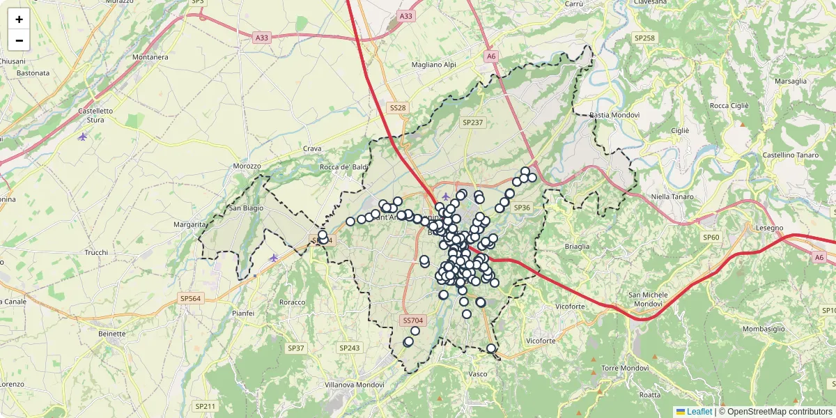 Mappa dettagliata del trasporto pubblico a Mondovì con linee autobus, tram e collegamenti