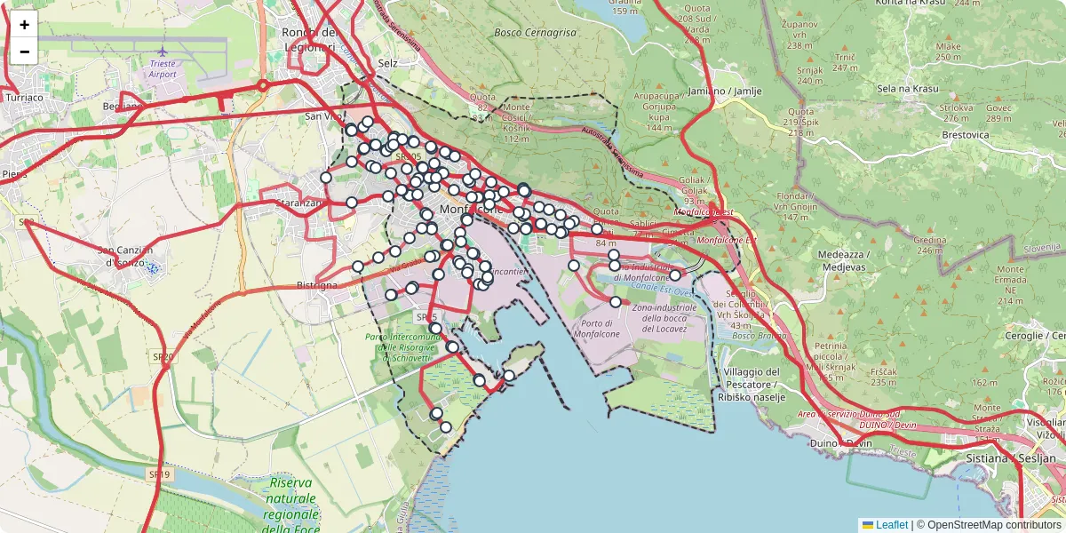 Mappa dettagliata del trasporto pubblico a Monfalcone con linee autobus, tram e collegamenti