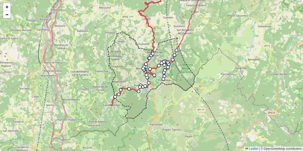 Mappa dettagliata del trasporto pubblico a Monghidoro con linee autobus, tram e collegamenti