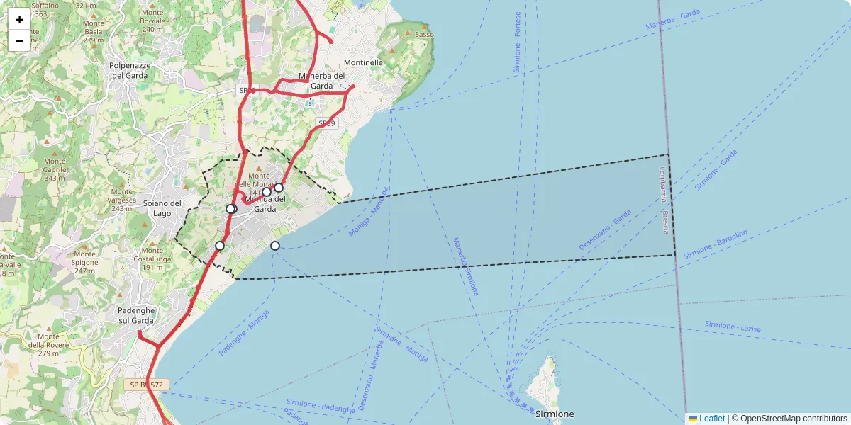 Mappa dettagliata del trasporto pubblico a Moniga del Garda con linee autobus, tram e collegamenti