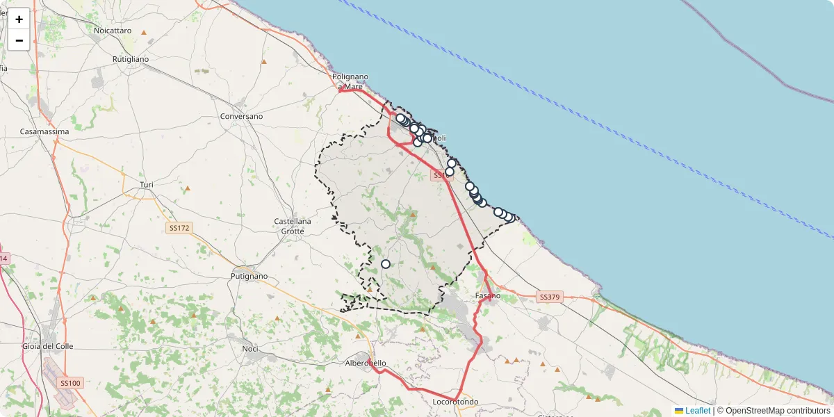 Mappa dettagliata del trasporto pubblico a Monopoli con linee autobus, tram e collegamenti