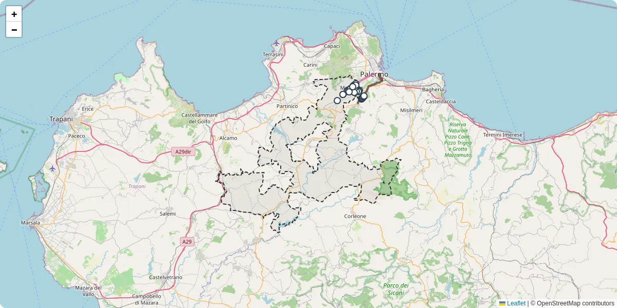 Mappa dettagliata del trasporto pubblico a Monreale con linee autobus, tram e collegamenti