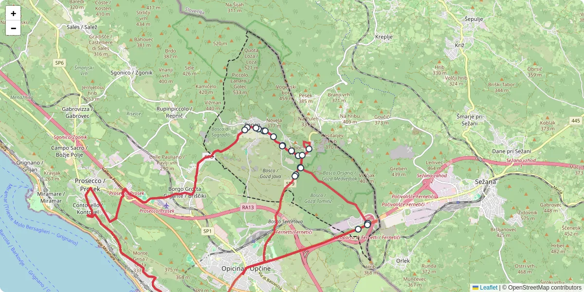 Mappa dettagliata del trasporto pubblico a Monrupino / Repentabor con linee autobus, tram e collegamenti