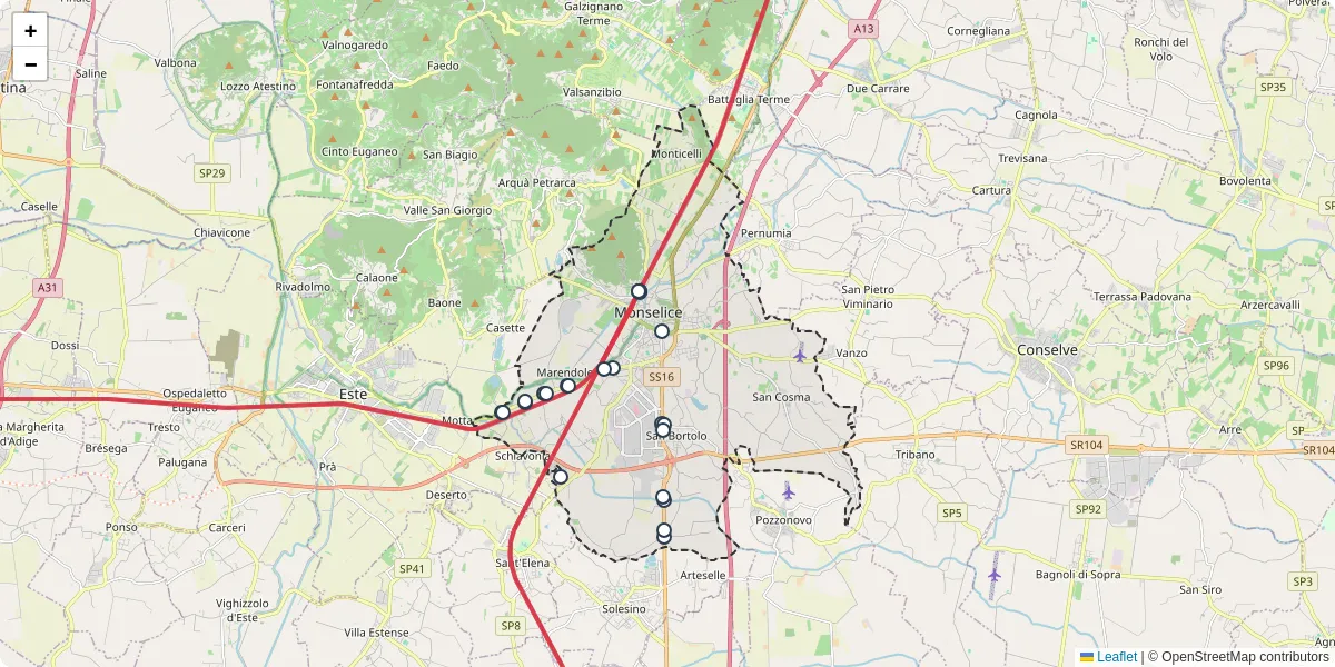 Mappa dettagliata del trasporto pubblico a Monselice con linee autobus, tram e collegamenti