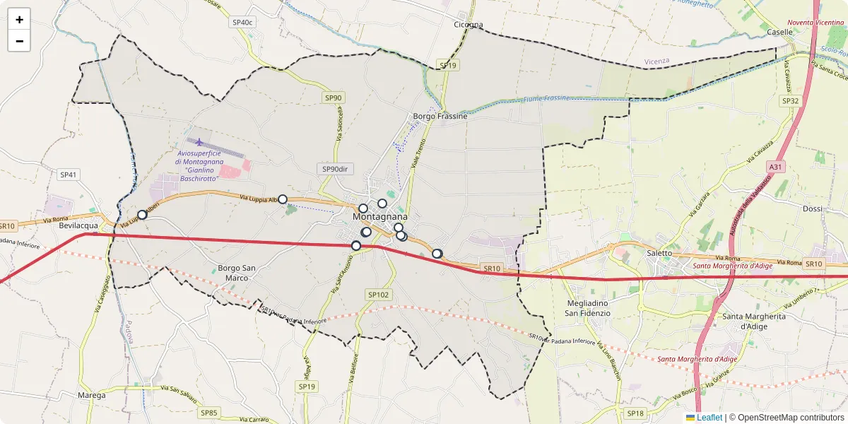 Mappa dettagliata del trasporto pubblico a Montagnana con linee autobus, tram e collegamenti