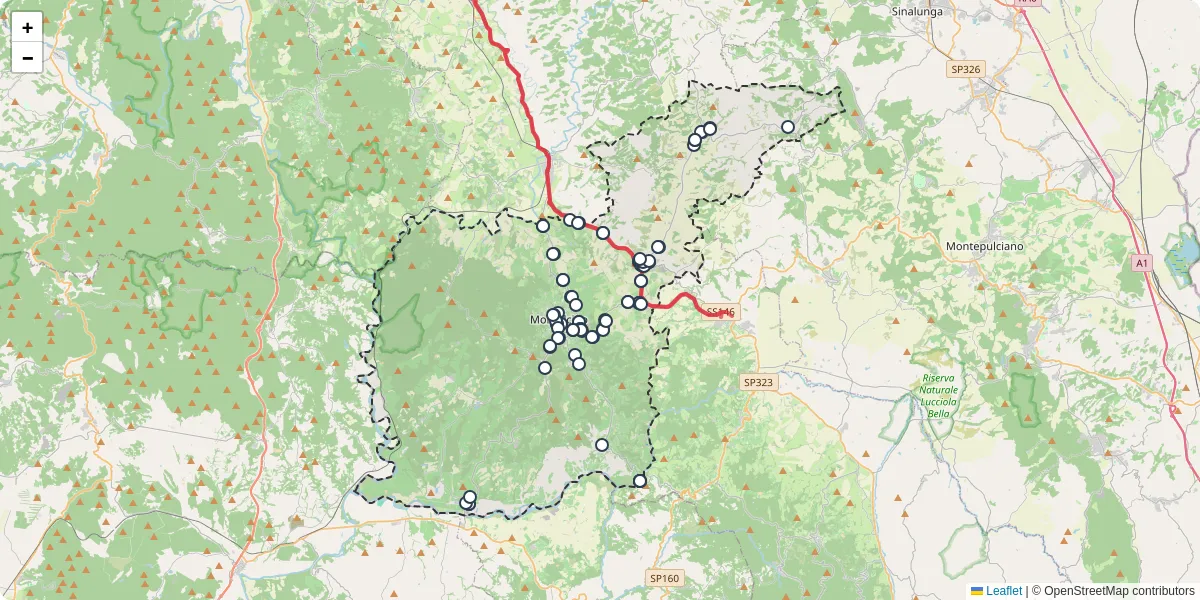 Mappa dettagliata del trasporto pubblico a Montalcino con linee autobus, tram e collegamenti