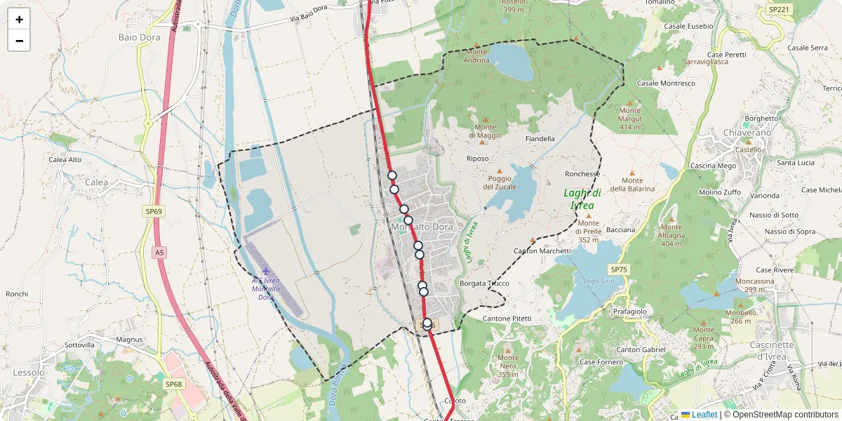 Mappa dettagliata del trasporto pubblico a Montalto Dora con linee autobus, tram e collegamenti