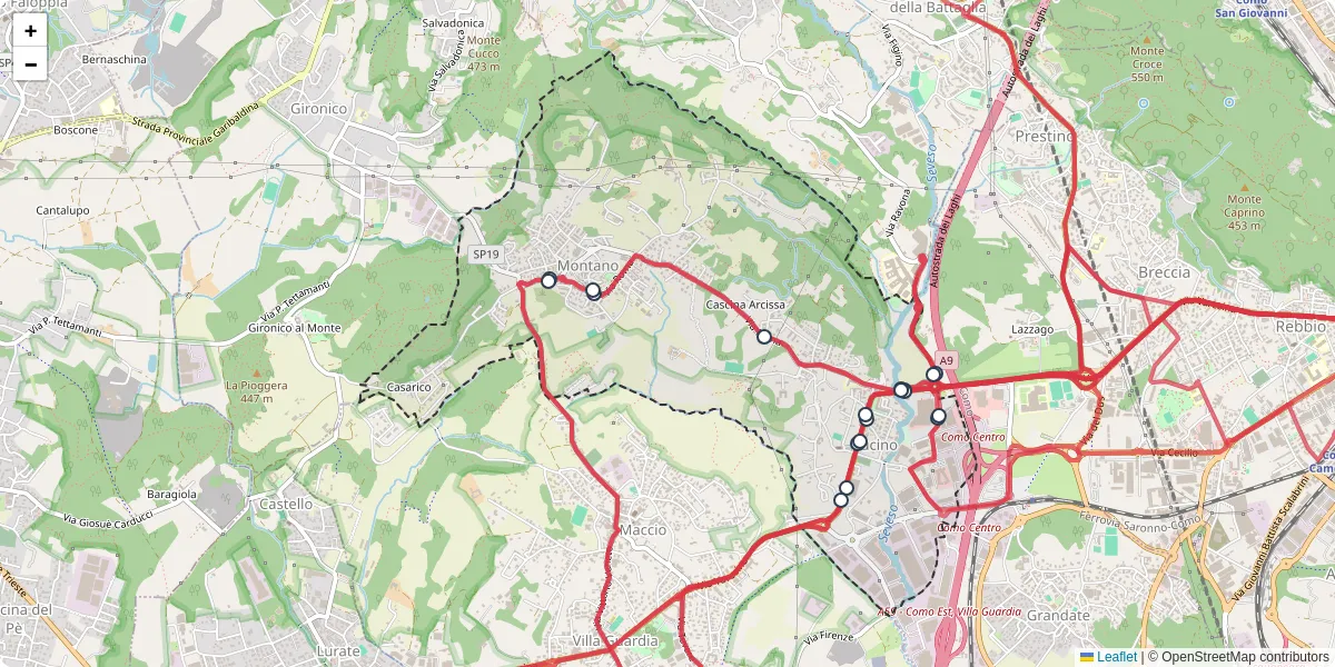 Mappa dettagliata del trasporto pubblico a Montano Lucino con linee autobus, tram e collegamenti
