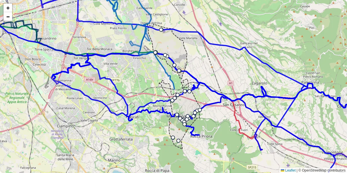 Mappa dettagliata del trasporto pubblico a Monte Compatri con linee autobus, tram e collegamenti