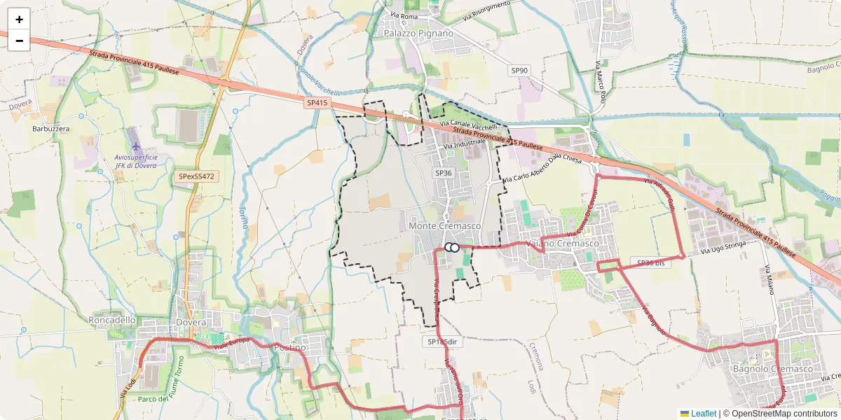 Mappa dettagliata del trasporto pubblico a Monte Cremasco con linee autobus, tram e collegamenti