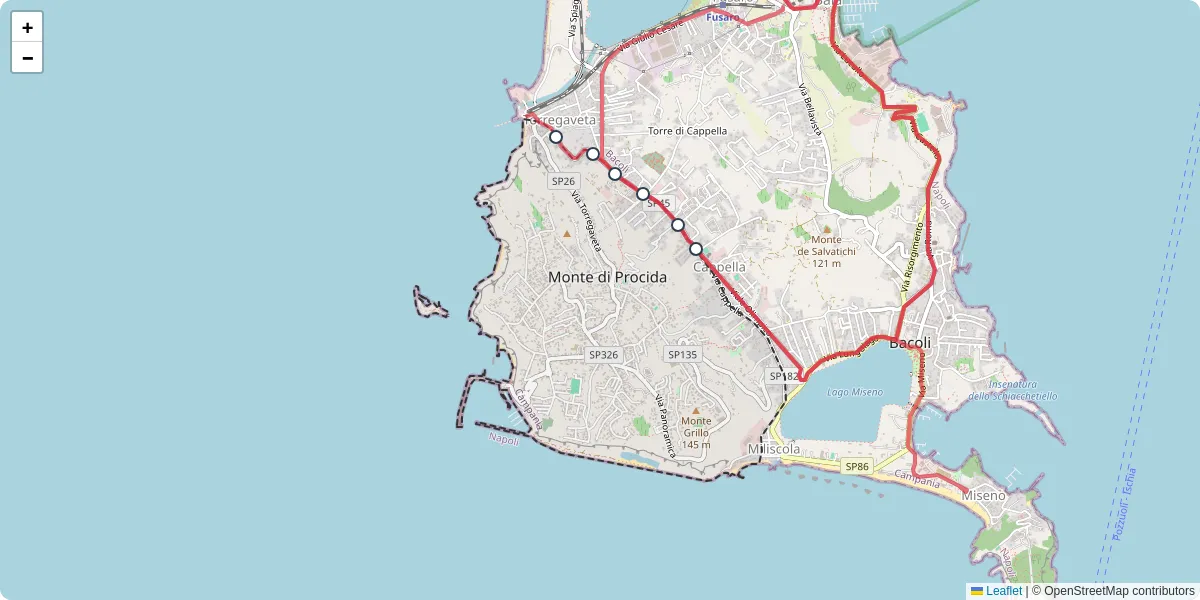 Mappa dettagliata del trasporto pubblico a Monte di Procida con linee autobus, tram e collegamenti