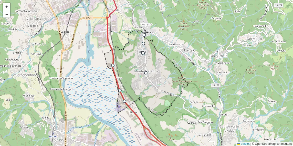 Mappa dettagliata del trasporto pubblico a Monte Marenzo con linee autobus, tram e collegamenti