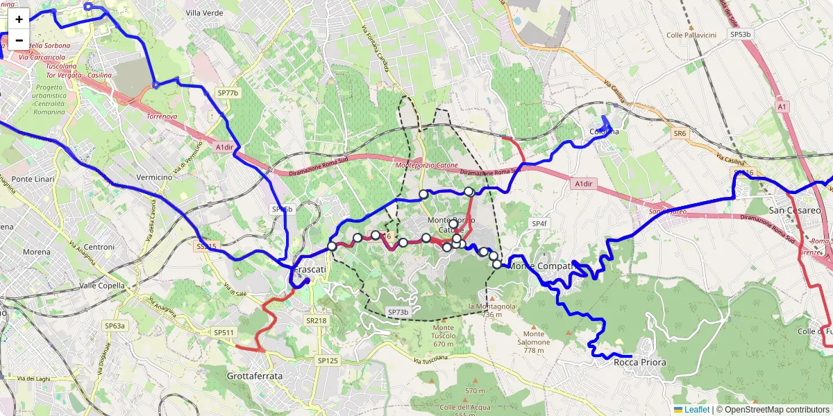 Mappa dettagliata del trasporto pubblico a Monte Porzio Catone con linee autobus, tram e collegamenti