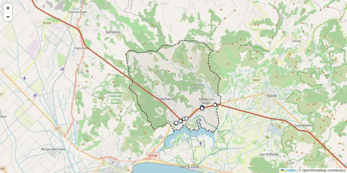 Mappa dettagliata del trasporto pubblico a Monte San Biagio con linee autobus, tram e collegamenti