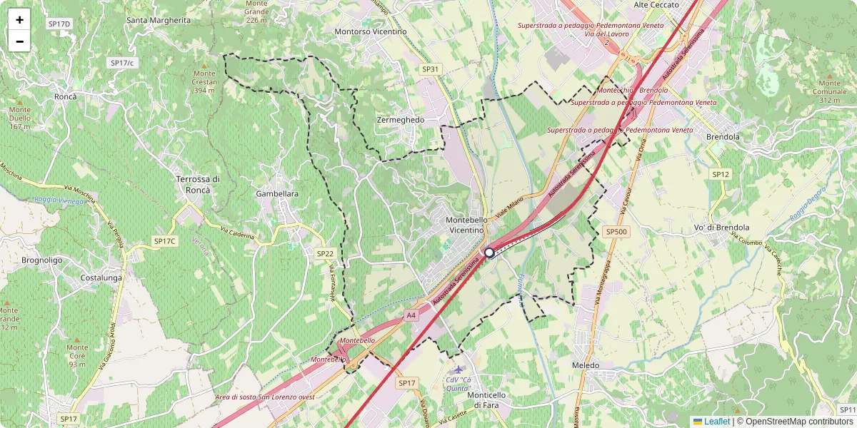 Mappa dettagliata del trasporto pubblico a Montebello Vicentino con linee autobus, tram e collegamenti