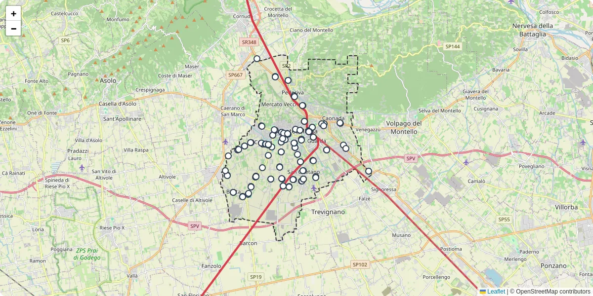 Mappa dettagliata del trasporto pubblico a Montebelluna con linee autobus, tram e collegamenti