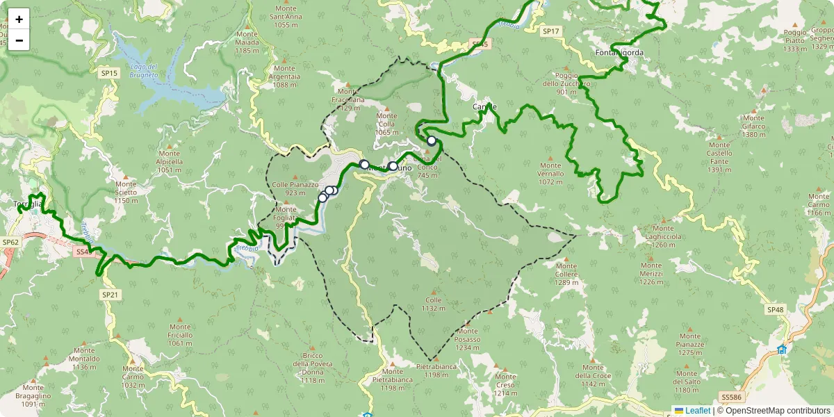 Mappa dettagliata del trasporto pubblico a Montebruno con linee autobus, tram e collegamenti