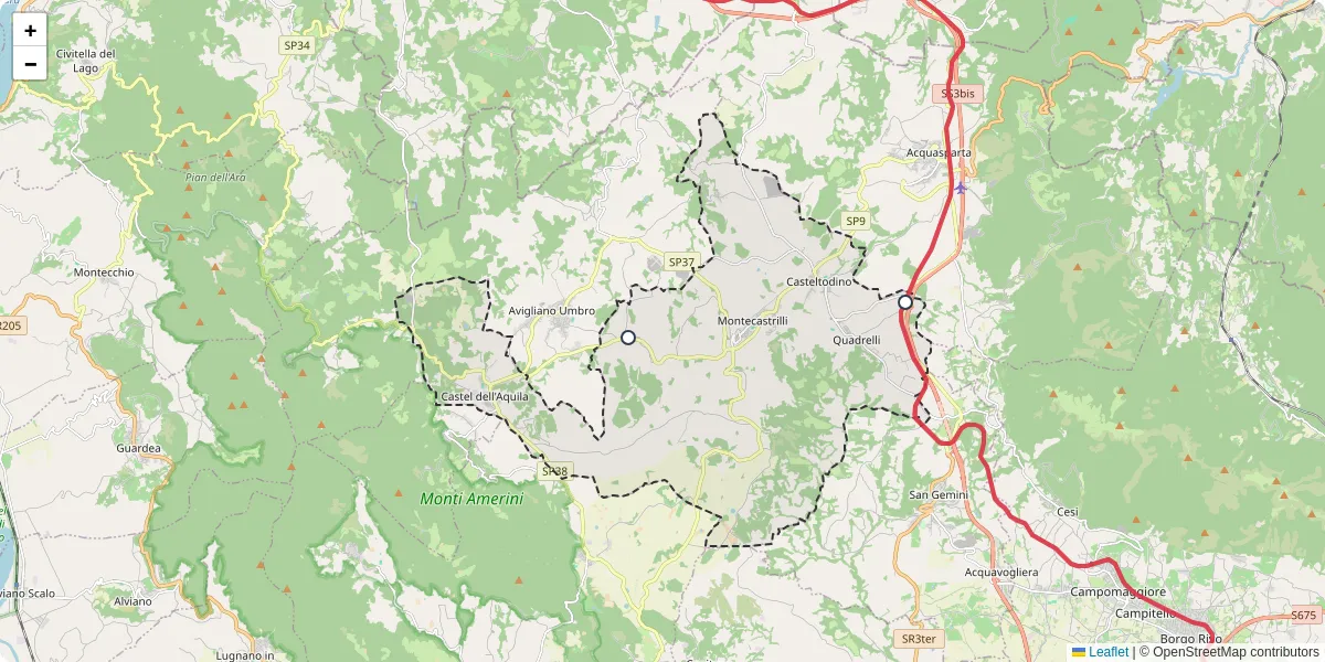 Mappa dettagliata del trasporto pubblico a Montecastrilli con linee autobus, tram e collegamenti
