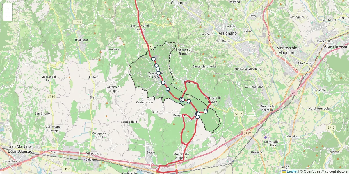 Mappa dettagliata del trasporto pubblico a Montecchia di Crosara con linee autobus, tram e collegamenti