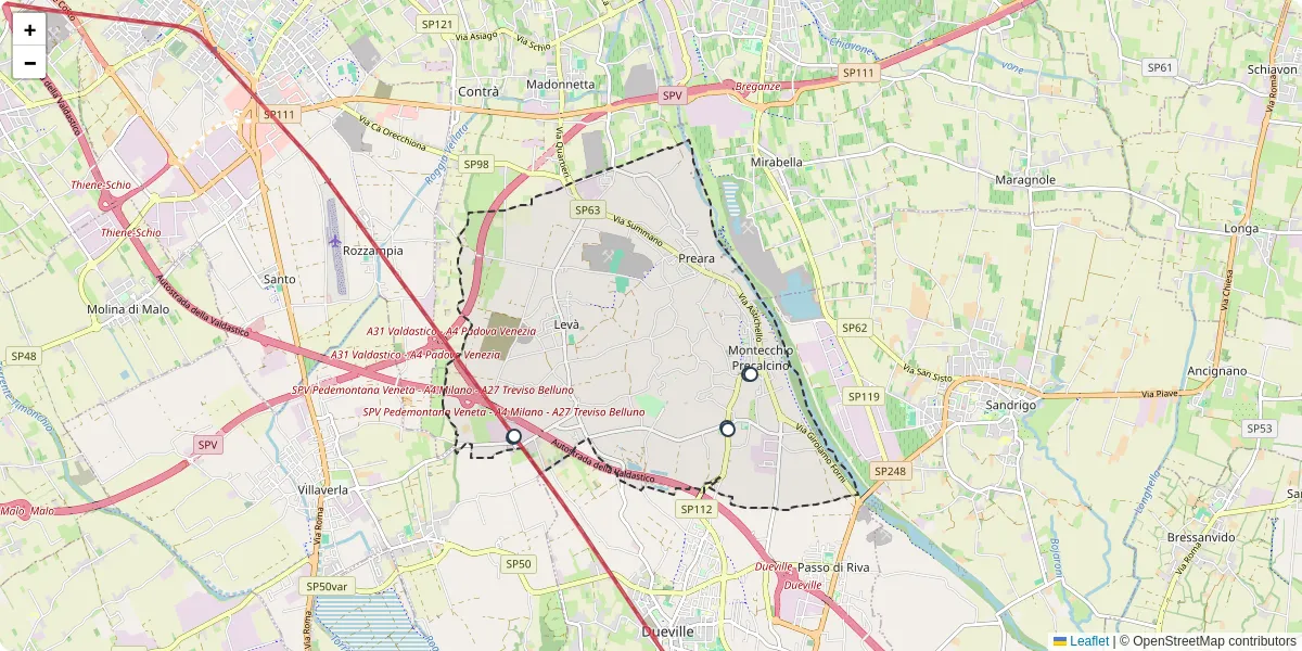 Mappa dettagliata del trasporto pubblico a Montecchio Precalcino con linee autobus, tram e collegamenti