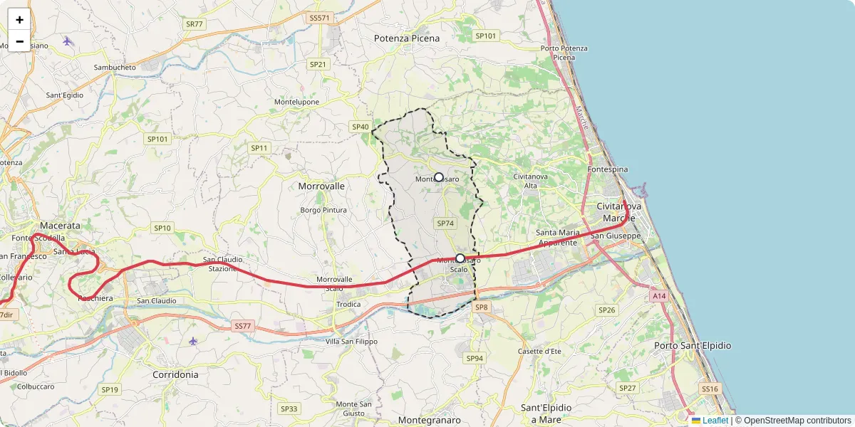 Mappa dettagliata del trasporto pubblico a Montecosaro con linee autobus, tram e collegamenti