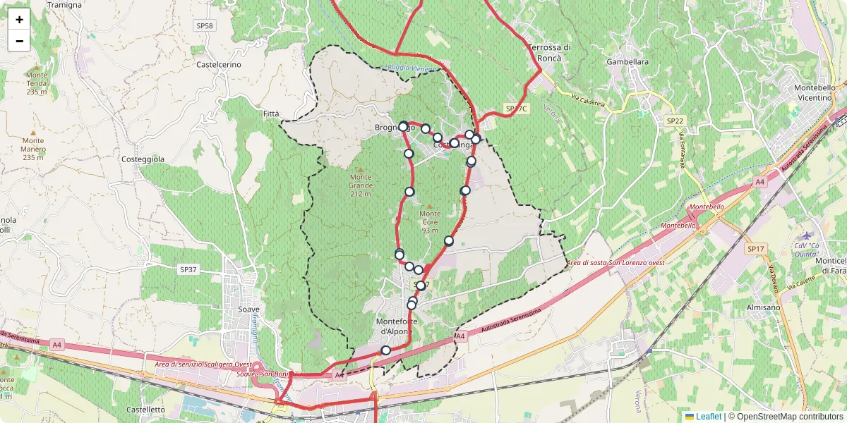Mappa dettagliata del trasporto pubblico a Monteforte d'Alpone con linee autobus, tram e collegamenti