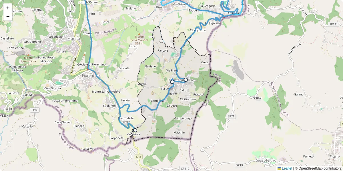 Mappa dettagliata del trasporto pubblico a Montegiardino con linee autobus, tram e collegamenti
