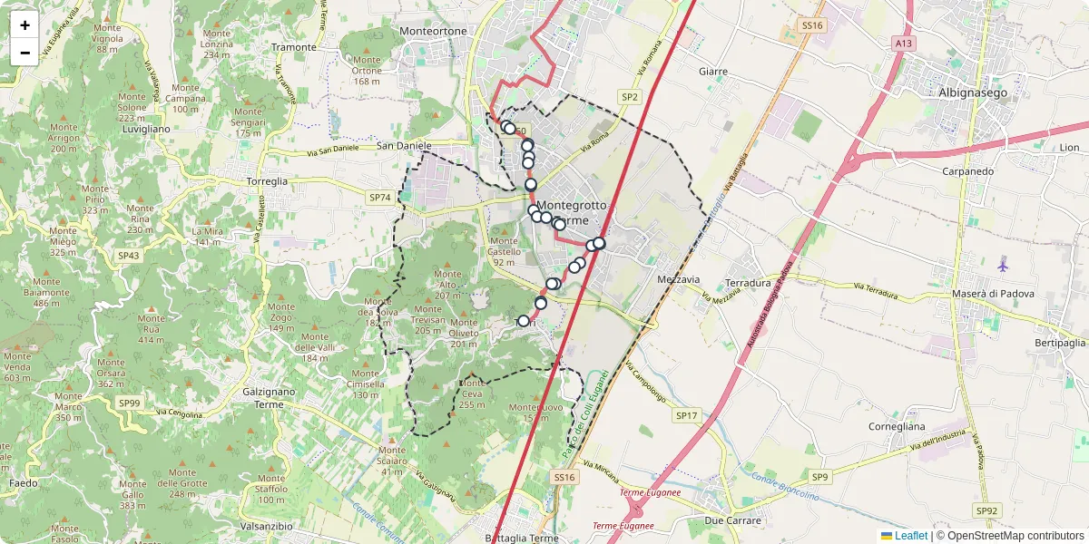 Mappa dettagliata del trasporto pubblico a Montegrotto Terme con linee autobus, tram e collegamenti