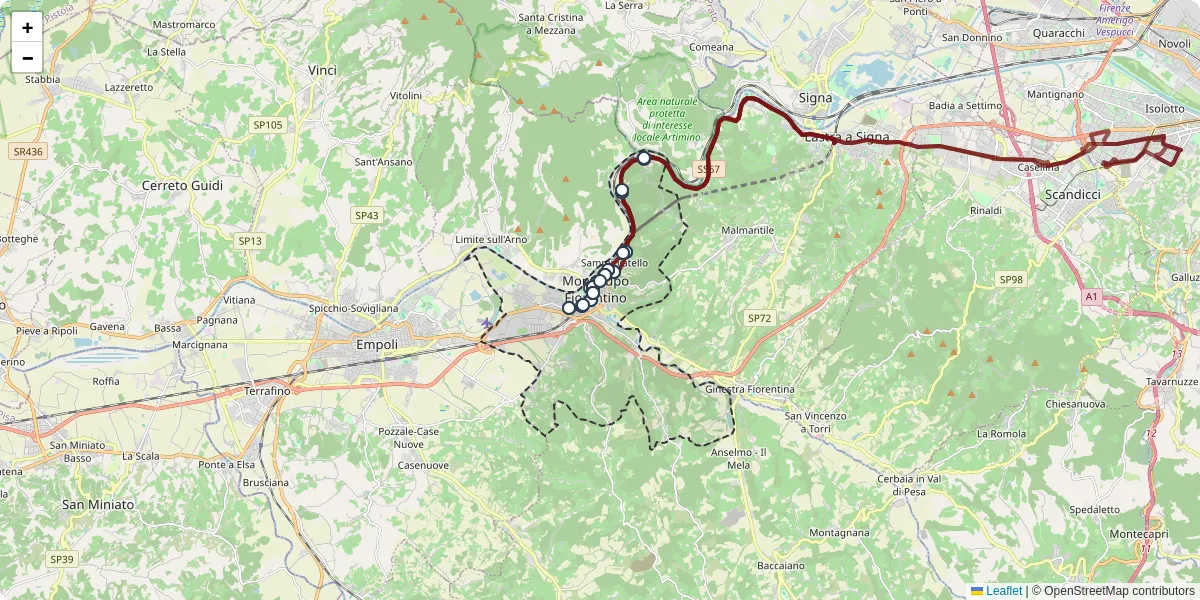 Mappa dettagliata del trasporto pubblico a Montelupo Fiorentino con linee autobus, tram e collegamenti