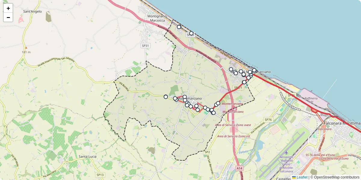 Mappa dettagliata del trasporto pubblico a Montemarciano con linee autobus, tram e collegamenti