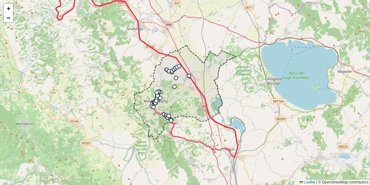 Mappa dettagliata del trasporto pubblico a Montepulciano con linee autobus, tram e collegamenti