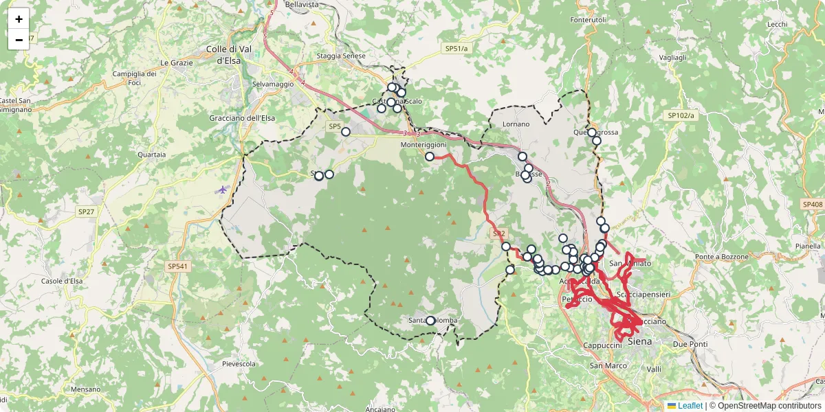 Mappa dettagliata del trasporto pubblico a Monteriggioni con linee autobus, tram e collegamenti