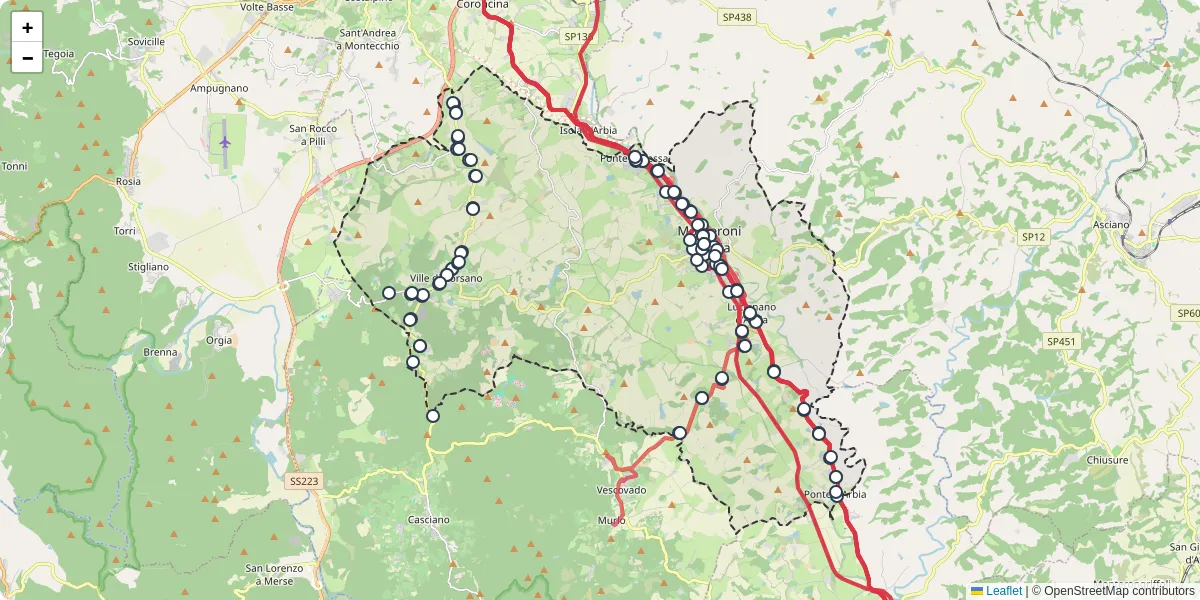 Mappa dettagliata del trasporto pubblico a Monteroni d'Arbia con linee autobus, tram e collegamenti