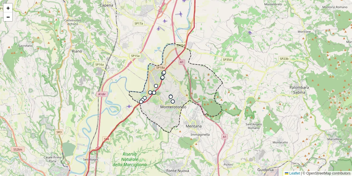 Mappa dettagliata del trasporto pubblico a Monterotondo con linee autobus, tram e collegamenti