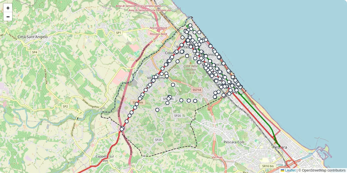 Mappa dettagliata del trasporto pubblico a Montesilvano con linee autobus, tram e collegamenti