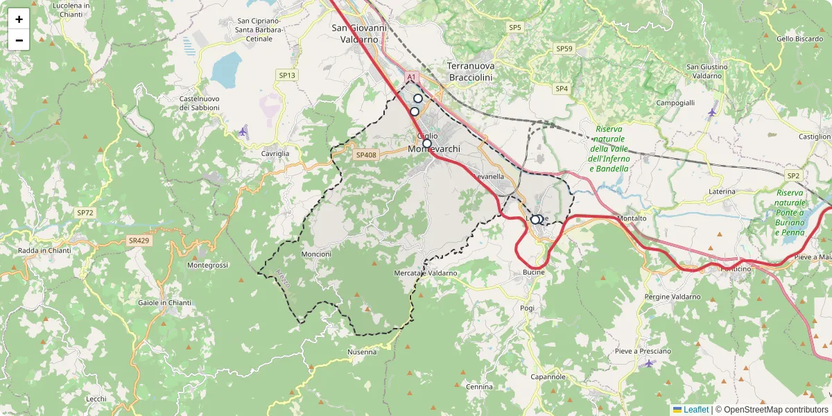 Mappa dettagliata del trasporto pubblico a Montevarchi con linee autobus, tram e collegamenti